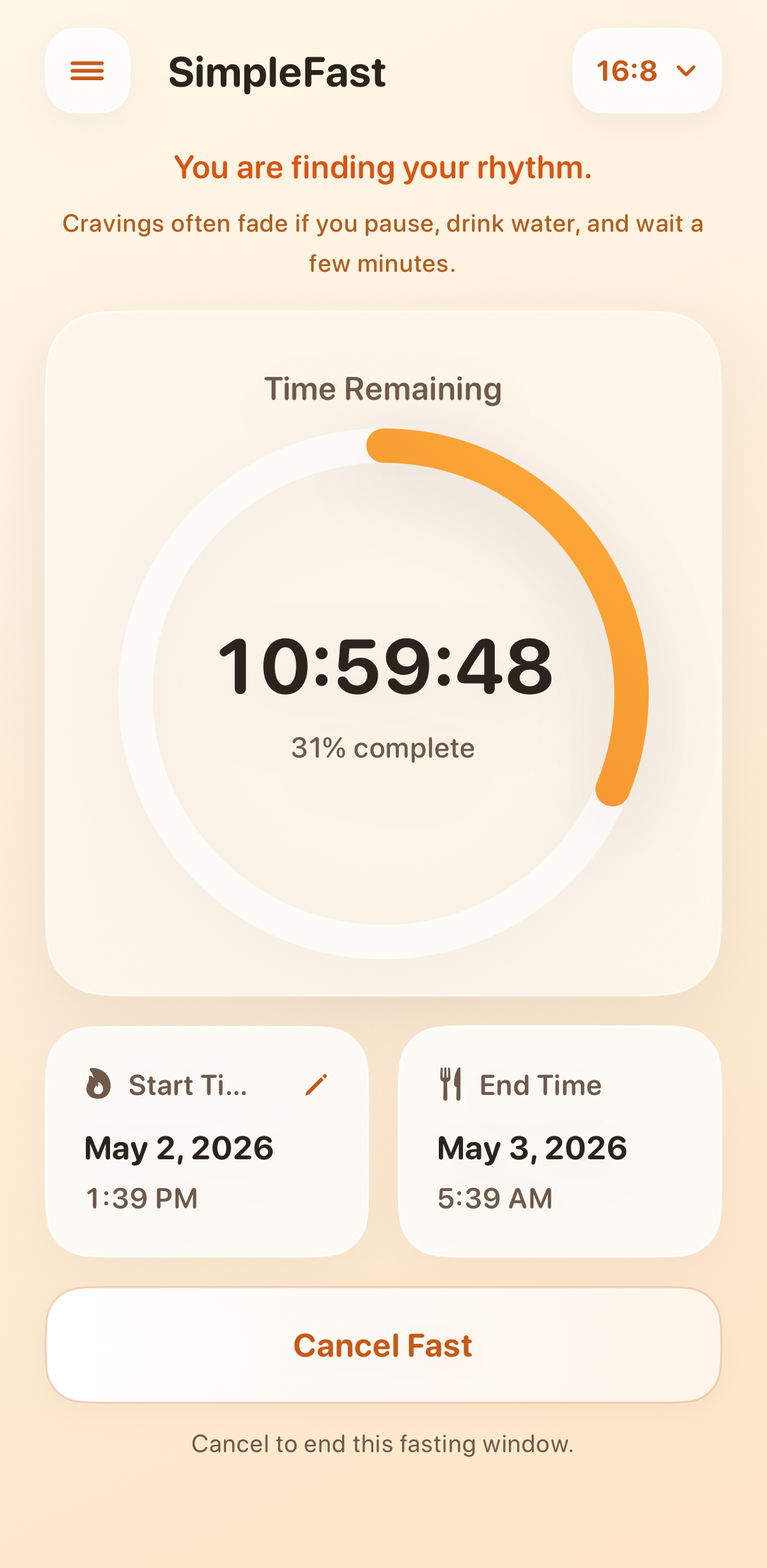 SimpleFast iOS app fasting timer screen